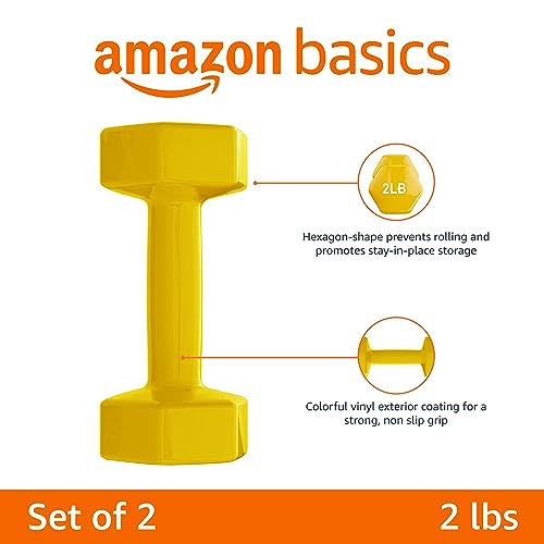 Amazon Basics Vinyl Coated Hexagon Dumbbell Hand Weights with Non-Slip Grip, 2 lbs, Yellow, Pair view 2