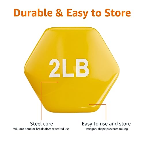 Amazon Basics Vinyl Coated Hexagon Dumbbell Hand Weights with Non-Slip Grip, 2 lbs, Yellow, Pair view 3