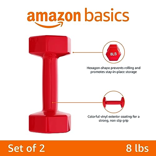 Amazon Basics Vinyl Coated Hexagon Dumbbell Hand Weights with Non-Slip Grip, 8 lbs, Steel Core for Gym Exercise Workout, Red, Pair view 2
