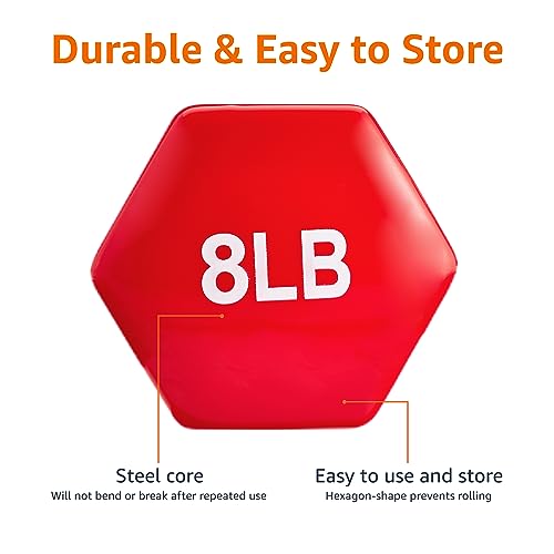 Amazon Basics Vinyl Coated Hexagon Dumbbell Hand Weights with Non-Slip Grip, 8 lbs, Steel Core for Gym Exercise Workout, Red, Pair view 3