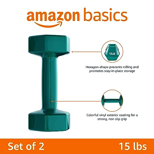 Amazon Basics Vinyl Coated Hexagon Dumbbell Hand Weights with Non-Slip Grip for Exercise, 15 Pounds, Teal, Pair view 2