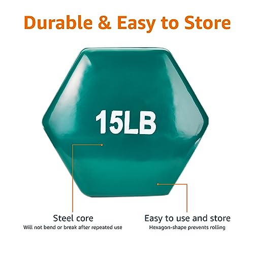 Amazon Basics Vinyl Coated Hexagon Dumbbell Hand Weights with Non-Slip Grip for Exercise, 15 Pounds, Teal, Pair view 3