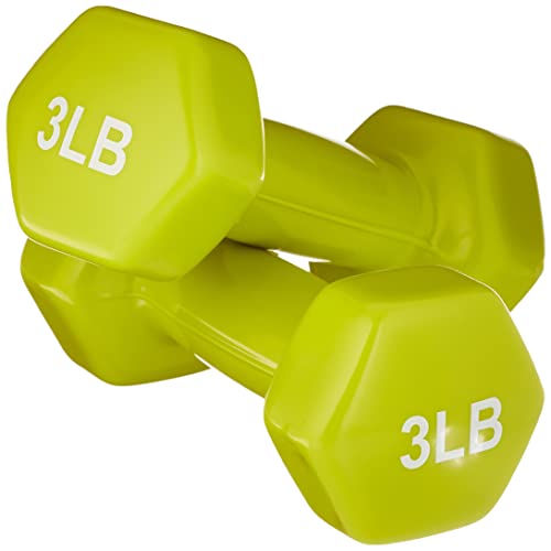 Amazon Basics Vinyl Coated Hexagon-Shape Dumbbell Hand Weights with Non-Slip Grip, 3 Pounds, Citron, Pair