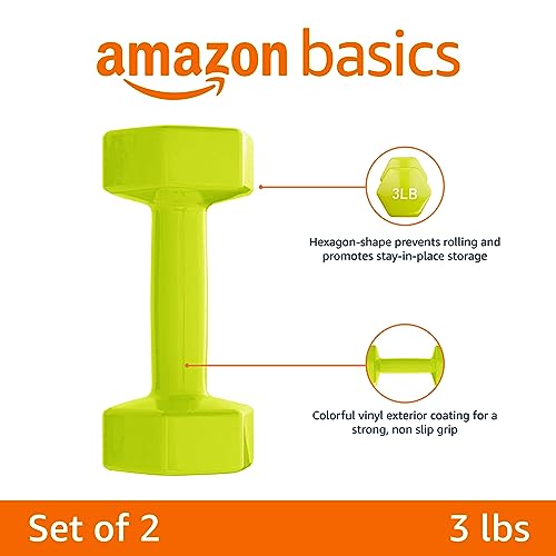 Amazon Basics Vinyl Coated Hexagon-Shape Dumbbell Hand Weights with Non-Slip Grip, 3 Pounds, Citron, Pair view 2
