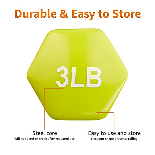 Amazon Basics Vinyl Coated Hexagon-Shape Dumbbell Hand Weights with Non-Slip Grip, 3 Pounds, Citron, Pair view 3