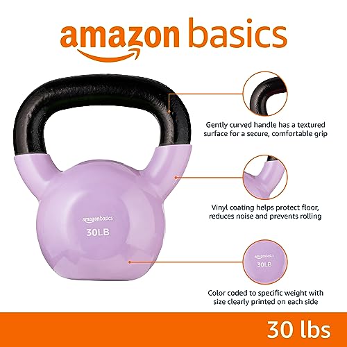 Amazon Basics Vinyl Kettlebell for Strength Training and Workout, 30 Pounds, Wide Textured Handle, Light Purple view 2