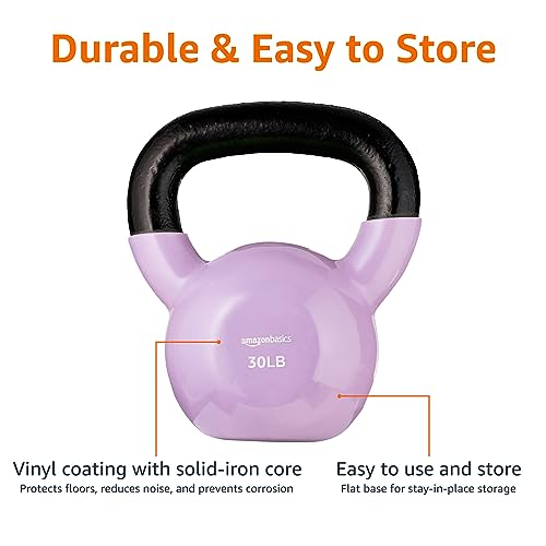 Amazon Basics Vinyl Kettlebell for Strength Training and Workout, 30 Pounds, Wide Textured Handle, Light Purple view 3
