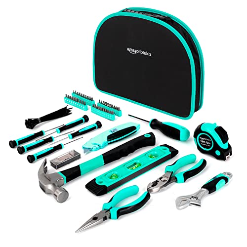Amazon Basics 104-Piece Home Repair Household Tool Set with Easy Carrying Round Pouch, Portable Hand Tool Kit, Turquoise, 14.4 x 11.4 x 3 inches view 2