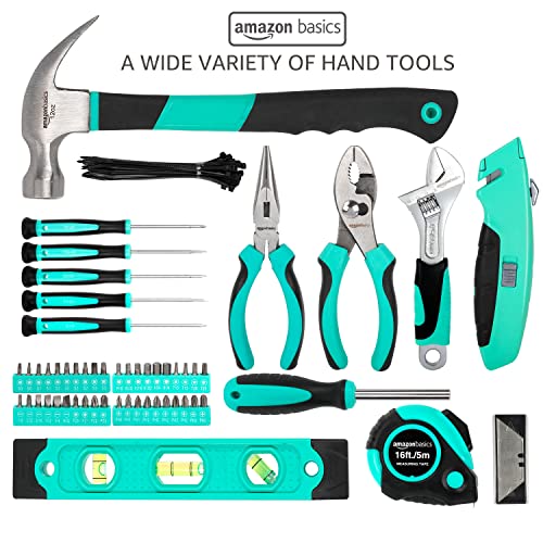 Amazon Basics 104-Piece Home Repair Household Tool Set with Easy Carrying Round Pouch, Portable Hand Tool Kit, Turquoise, 14.4 x 11.4 x 3 inches view 3