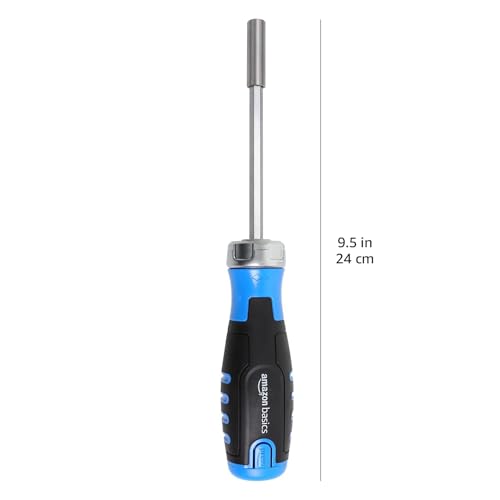 Amazon Basics 12 Piece Ratcheting Magnetic Screwdriver Set with Multiple Bits, Black, Blue, Silver