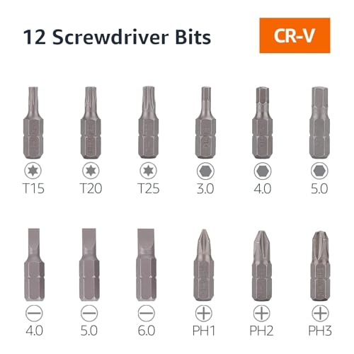 Amazon Basics 12 Piece Ratcheting Magnetic Screwdriver Set with Multiple Bits, Black, Blue, Silver