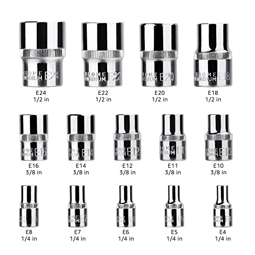 Amazon Basics 14-Piece External Torx Socket Set, E4–E24, 1/4", 3/8", 1/2" Drive, with Storage Case