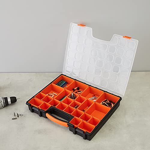 Amazon Basics 19-Removable Compartment Small Parts Organizer, Portable Hardware Storage Box with Customizable Compartments, Black, Orange, 16.5 x 13.2 x 2.4 inches view 2
