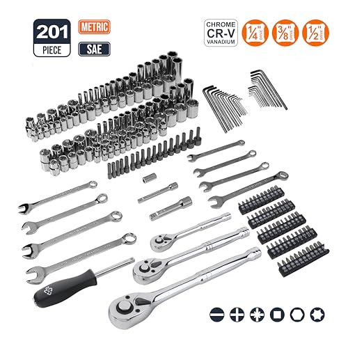 Amazon Basics 201-Piece Mechanic's Socket Tool Set With Case, SAE and Metric Sizes, Chrome-Vanadium Steel, Portable view 3