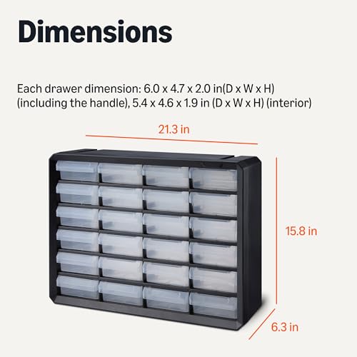 Amazon Basics 24-Drawer Plastic Storage Organizer with Dividers for Office/Craft/Tools, Wall Mountable, Sturdy, 6.3 x 21.3 x 15.8 inch, Black view 2