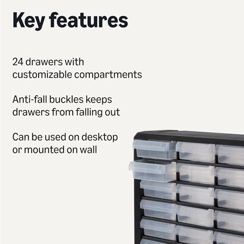 Amazon Basics 24-Drawer Plastic Storage Organizer with Dividers for Office/Craft/Tools, Wall Mountable, Sturdy, 6.3 x 21.3 x 15.8 inch, Black view 3