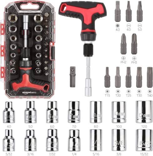 Amazon Basics 27-Piece Magnetic T-Handle Ratchet Wrench and Screwdriver Set with Bits and Sockets, Storage Case for Household Repair
