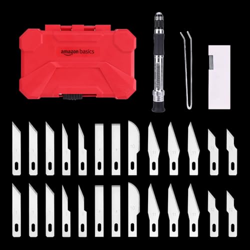 Amazon Basics 29-Piece Precision Hobby Knife Set with Razor-Sharp Blades, Modeling Tools, Anti-Slip Rubber Grip, Black, Silver, Red view 2
