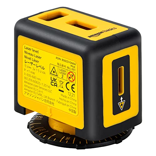 Amazon Basics 360 Degree Rotating Laser Class II Level for Picture Hanging and Home Renovation, 2 Extra-Large Backlit Bubble Vials, 16 ft / 192 in, Yellow/Black