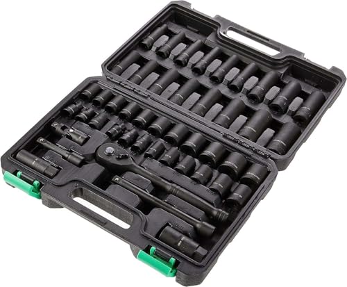 Amazon Basics 46-Piece 3/8-Inch Drive 6 & 12 Point Shallow/ Deep Socket Set and 72 Teeth Reversible Ratchet, SAE/Metric Size With Carrying Case, 13.1 in x 9.7 in x 3 in(Previously Denali brand)