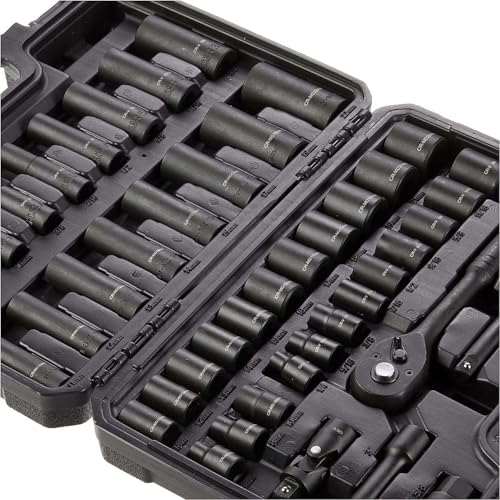 Amazon Basics 46-Piece 3/8-Inch Drive 6 & 12 Point Shallow/ Deep Socket Set and 72 Teeth Reversible Ratchet, SAE/Metric Size With Carrying Case, 13.1 in x 9.7 in x 3 in(Previously Denali brand)
