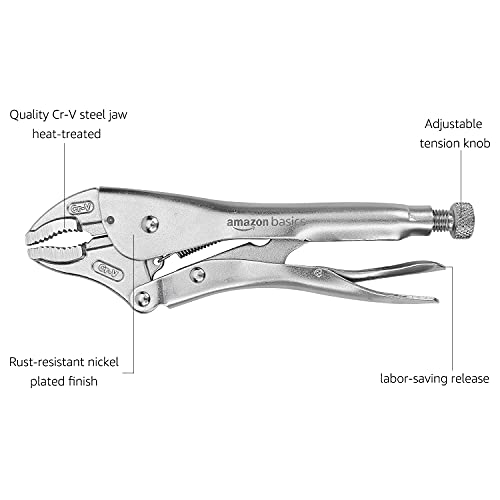 Amazon Basics 5-Piece CR-V Locking Pliers and Wire Cutters Set with Carrying Case, 2 Straight, 3 Curved Jaw, 6.5-10 inch, Silver