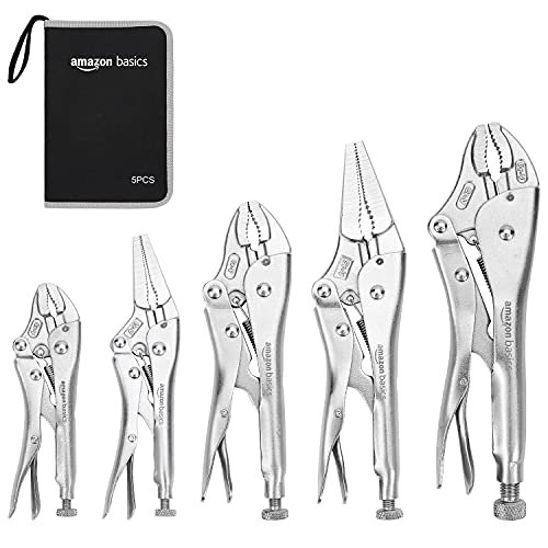 Amazon Basics 5-Piece CR-V Locking Pliers Set with Wire Cutters, 2 Straight Jaw, 3 Curved Jaw, 6.5-10 inch, Silver, Carrying Case