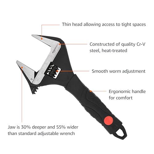 Amazon Basics 6-Inch Drop Forged Adjustable Wrench with Soft Grip, Wide Jaw, Metric/SAE Scales, Rust Resistant, 6.34 x 2.83 x 0.59 inches view 3