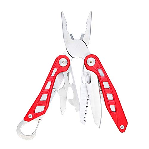 Amazon Basics 8-in-1 Stainless Steel Multitool with Safety Lock and Nylon Sheath, Red