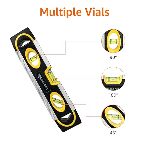 Amazon Basics 9-Inch Magnetic Torpedo Level and Ruler, 180/90/45 Degree Bubbles, Black