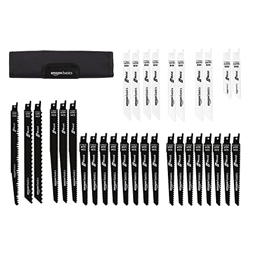 Amazon Basics Chromium Vanadium Steel Reciprocating Saw Blade Set with Organizer Pouch, Compatible For Plastic, 32-Pieces, Black & White