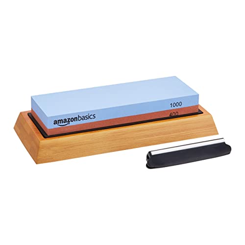 Amazon Basics Dual Sided Whetstone Knife Sharpening Stone 400/1000 Grit with Angle Guide, Non-Slip Bamboo Base, Black & Grey