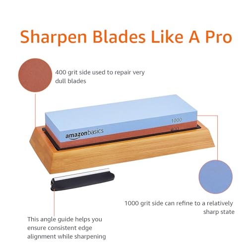 Amazon Basics Dual Sided Whetstone Knife Sharpening Stone 400/1000 Grit with Angle Guide, Non-Slip Bamboo Base, Black & Grey view 3