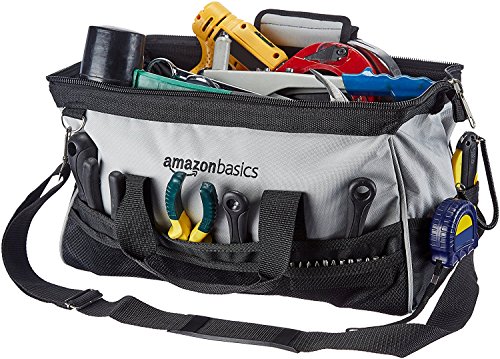 Amazon Basics Durable Wear-Resistant Tool Storage Bag with Adjustable Shoulder Strap, Portable Tool Organizer, 16 in, Black & Grey view 2