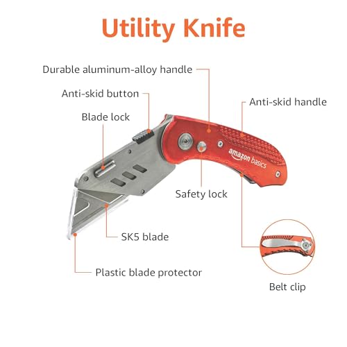 Amazon Basics Folding Utility Knife Box Cutter with Back-lock Mechanism, Portable Lightweight Aluminum Handle, Red view 2