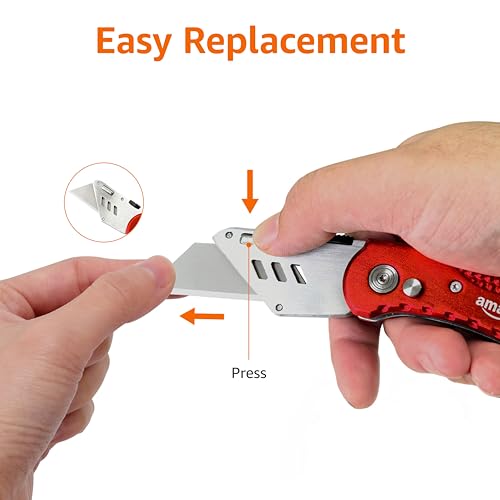 Amazon Basics Folding Utility Knife Box Cutter with Back-lock Mechanism, Portable Lightweight Aluminum Handle, Red view 3