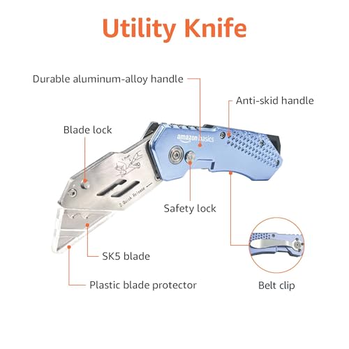 Amazon Basics Folding Utility Knife Box Cutter with Locking Mechanism, Quick Change Blade, Lightweight Aluminum Body, Holster, Light Blue view 2