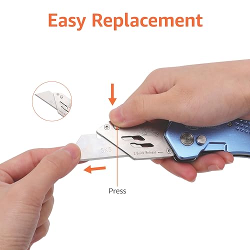 Amazon Basics Folding Utility Knife Box Cutter with Locking Mechanism, Quick Change Blade, Lightweight Aluminum Body, Holster, Light Blue view 3