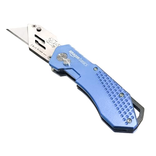 Amazon Basics Folding Utility Knife, Lightweight Aluminum Body with Holster, Light Blue