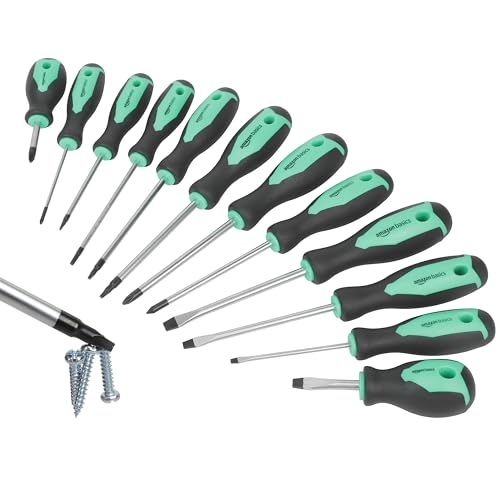 Amazon Basics Magnetic Screwdrivers Set, 12-Piece, Phillips, Slotted, Torx, Square, and Stubby with Non-Slip Handle, Hand Tools Set, Turquoise