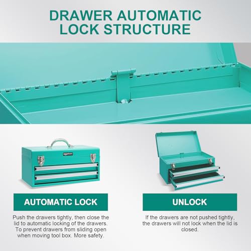 Amazon Basics Metal Tool Box with Drawers, Storage and Organization Tool Chest, Powder Coat Finish, 18.1 x 8.7 x 9.5 in, Turquoise view 2