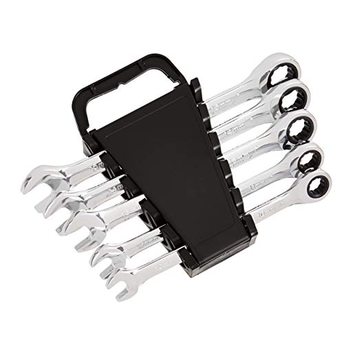 Amazon Basics Metric Ratcheting Wrench Set, 5-Piece, Chrome Vanadium Steel, 72-Tooth, 10mm, 11mm, 13mm, 14mm, 15mm, Black/Silver