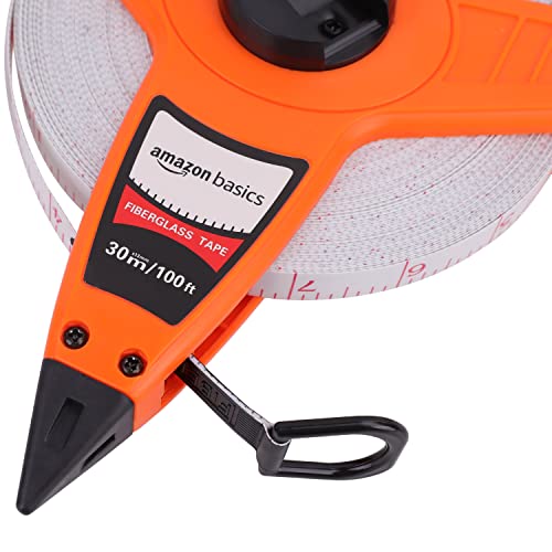 Amazon Basics Open Reel Fiberglass Measuring Tape, Inch/Metric Scale, Impact Resistant Shell, 100-feet (30-Meters) by 1/2-Inch, Orange