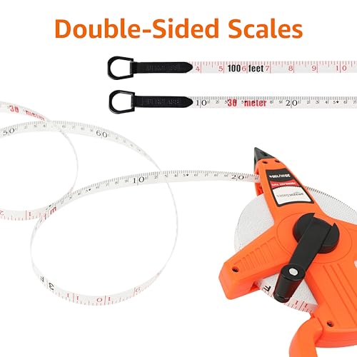 Amazon Basics Open Reel Fiberglass Measuring Tape, Inch/Metric Scale, Impact Resistant Shell, 100-feet (30-Meters) by 1/2-Inch, Orange