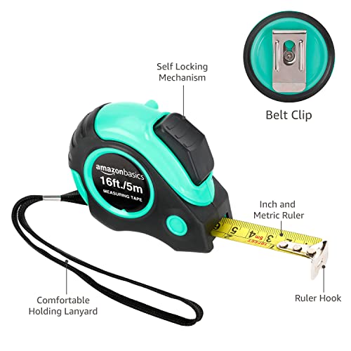 Amazon Basics Retractable Tape Measure with Metric and SAE Measurements, 16 ft / 192 in, Turquoise view 3