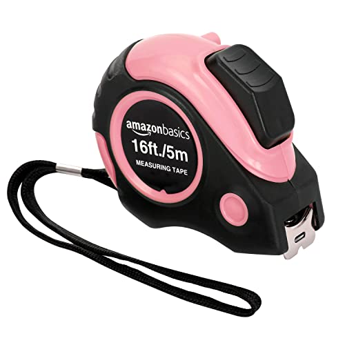 Amazon Basics Retractable Tape Measure with Push Button, Easy to Use, 16 Feet, Pink