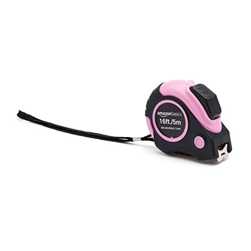 Amazon Basics Retractable Tape Measure with Push Button, Easy to Use, 16 Feet, Pink