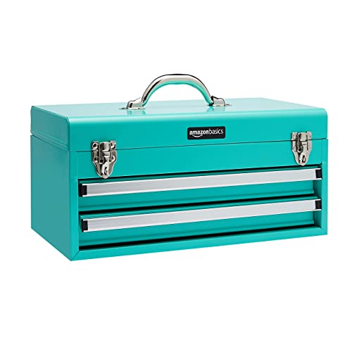 Amazon Basics Steel Tool Box Storage and Organization Drawers, 18.11 x 8.66 x 9.45 in, Turquoise Powder Coated Finish
