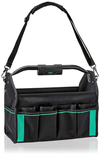 Amazon Basics Tool Bag Organizer with LED Light, 30 Pockets, Adjustable Shoulder Straps, Portable, Black