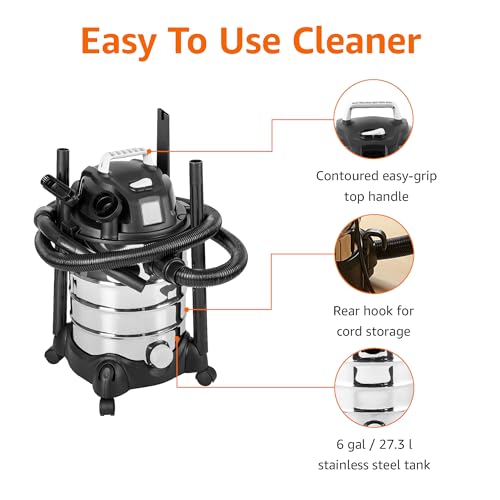 Amazon Basics Wet Dry Shop Vacuum Cleaner, 6 Gallon, 3.5 HP Stainless Steel, with Filter, Grey/Black view 3